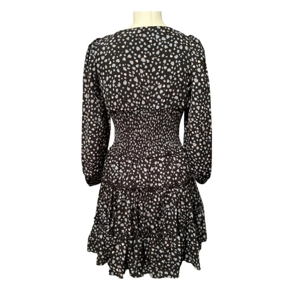 Cottagecore puff sleeve tiered tiny hearts leopard print smocked waist dress S, - Picture 3 of 6